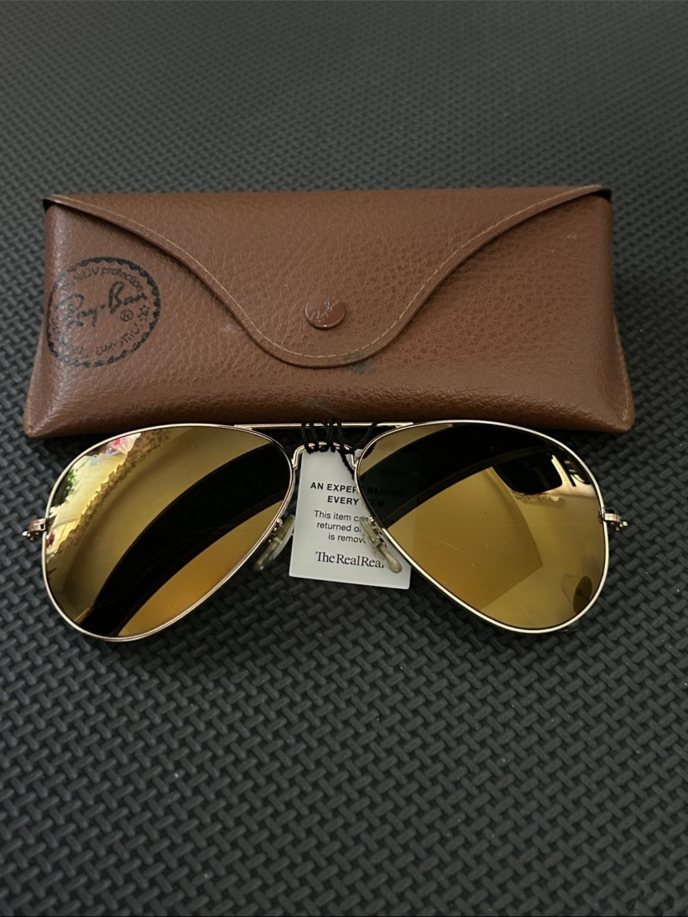 Ray-Ban Gold Frame Sunglasses with Gold Lenses and Brown Case